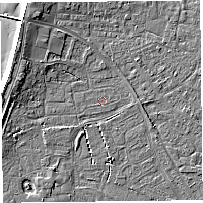 Shaded relief map of the ground around TA81DQ, computed from Environment Agency LiDAR. The ground here sits at about 6 m above sea level and falls 7 m across the surrounding 800 m. Surface water reaching this point runs off ground lying to the west-north-west, 4.1 m higher.