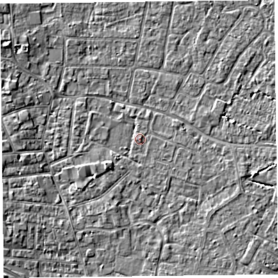 Shaded relief map of the ground around TA81DT, computed from Environment Agency LiDAR. The ground here sits at about 6 m above sea level and falls 5 m across the surrounding 800 m. Surface water reaching this point runs off ground lying to the south-west, 2.6 m higher.