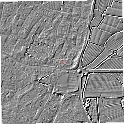 Shaded relief map of the ground around TA81EA, computed from Environment Agency LiDAR. The ground here sits at about 5 m above sea level and falls 5 m across the surrounding 800 m. Surface water reaching this point runs off ground lying to the east, 1.5 m higher.