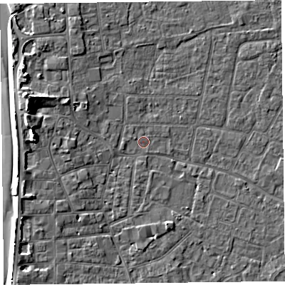 Shaded relief map of the ground around TA81ED, computed from Environment Agency LiDAR. The ground here sits at about 6 m above sea level and falls 8 m across the surrounding 800 m. Surface water reaching this point runs off ground lying to the west, 7.3 m higher.