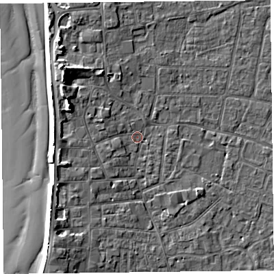 Shaded relief map of the ground around TA81EF, computed from Environment Agency LiDAR. The ground here sits at about 6 m above sea level and falls 10 m across the surrounding 800 m. Surface water reaching this point runs off ground lying to the west-north-west, 7.3 m higher.