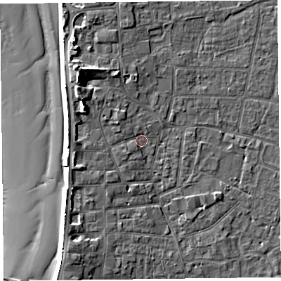 Shaded relief map of the ground around TA81EH, computed from Environment Agency LiDAR. The ground here sits at about 7 m above sea level and falls 12 m across the surrounding 800 m. Surface water reaching this point runs off ground lying to the west-north-west, 6.3 m higher.