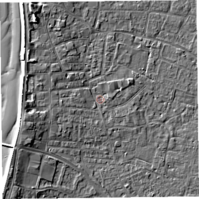 Shaded relief map of the ground around TA81EL, computed from Environment Agency LiDAR. The ground here sits at about 6 m above sea level and falls 9 m across the surrounding 800 m. Surface water reaching this point runs off ground lying to the north-west, 6.6 m higher.