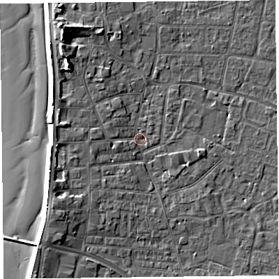 Shaded relief map of the ground around TA81EN, computed from Environment Agency LiDAR. The ground here sits at about 6 m above sea level and falls 10 m across the surrounding 800 m. Surface water reaching this point runs off ground lying to the north-west, 5.9 m higher.