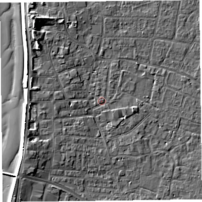 Shaded relief map of the ground around TA81ER, computed from Environment Agency LiDAR. The ground here sits at about 6 m above sea level and falls 9 m across the surrounding 800 m. Surface water reaching this point runs off ground lying to the north-north-west, 0.7 m higher.