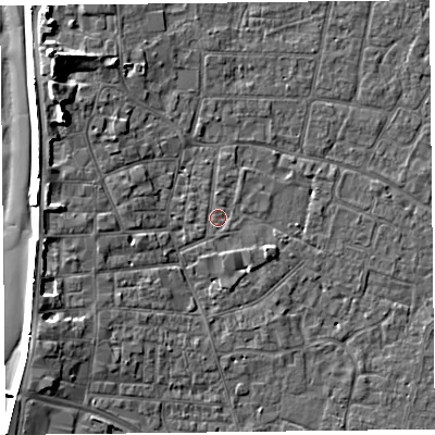 Shaded relief map of the ground around TA81ES, computed from Environment Agency LiDAR. The ground here sits at about 6 m above sea level and falls 9 m across the surrounding 800 m. Surface water reaching this point runs off ground lying to the west-north-west, 0.7 m higher.
