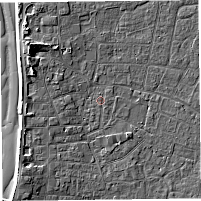 Shaded relief map of the ground around TA81ET, computed from Environment Agency LiDAR. The ground here sits at about 6 m above sea level and falls 9 m across the surrounding 800 m. Surface water reaching this point runs off ground lying to the south-south-west, 0.9 m higher.