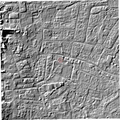 Shaded relief map of the ground around TA81EU, computed from Environment Agency LiDAR. The ground here sits at about 6 m above sea level and falls 9 m across the surrounding 800 m. Surface water reaching this point runs off ground lying to the west-north-west, 1.0 m higher.