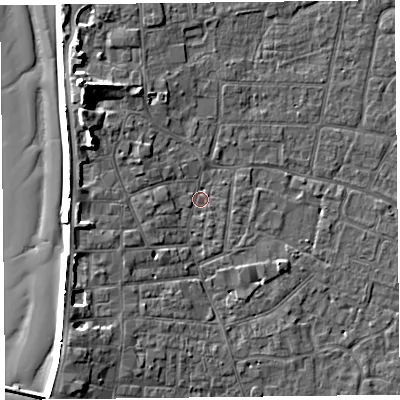 Shaded relief map of the ground around TA81EW, computed from Environment Agency LiDAR. The ground here sits at about 6 m above sea level and falls 10 m across the surrounding 800 m. Surface water reaching this point runs off ground lying to the west-north-west, 7.3 m higher.