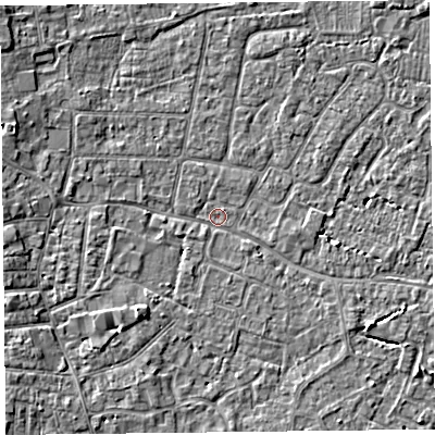 Shaded relief map of the ground around TA81EX, computed from Environment Agency LiDAR. The ground here sits at about 5 m above sea level and falls 4 m across the surrounding 800 m. Surface water reaching this point runs off ground lying to the west-north-west, 3.7 m higher.