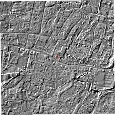 Shaded relief map of the ground around TA81EY, computed from Environment Agency LiDAR. The ground here sits at about 5 m above sea level and falls 3 m across the surrounding 800 m. Surface water reaching this point runs off ground lying to the west-south-west, 2.8 m higher.