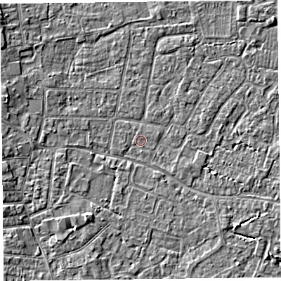 Shaded relief map of the ground around TA81HA, computed from Environment Agency LiDAR. The ground here sits at about 5 m above sea level and falls 4 m across the surrounding 800 m. Surface water reaching this point runs off ground lying to the west-north-west, 3.2 m higher.