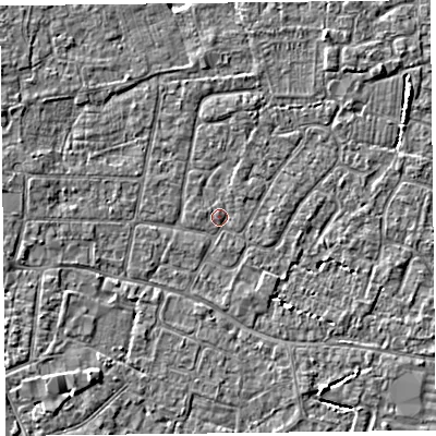 Shaded relief map of the ground around TA81HB, computed from Environment Agency LiDAR. The ground here sits at about 6 m above sea level and falls 3 m across the surrounding 800 m. Surface water reaching this point runs off ground lying to the west, 1.7 m higher.