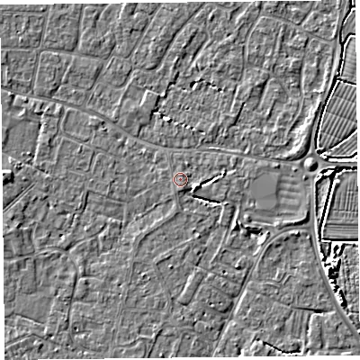 Shaded relief map of the ground around TA81HD, computed from Environment Agency LiDAR. The ground here sits at about 6 m above sea level and falls 5 m across the surrounding 800 m. Surface water reaching this point runs off ground lying to the east-south-east, 2.4 m higher.