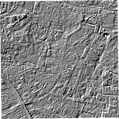 Shaded relief map of the ground around TA81HF, computed from Environment Agency LiDAR. The ground here sits at about 6 m above sea level and falls 3 m across the surrounding 800 m. Surface water reaching this point runs off ground lying to the east-south-east, 0.6 m higher.