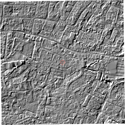Shaded relief map of the ground around TA81HG, computed from Environment Agency LiDAR. The ground here sits at about 5 m above sea level and falls 3 m across the surrounding 800 m. The ground contributing surface water to this point lies to the west-south-west.