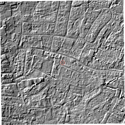 Shaded relief map of the ground around TA81HH, computed from Environment Agency LiDAR. The ground here sits at about 5 m above sea level and falls 4 m across the surrounding 800 m. Surface water reaching this point runs off ground lying to the south-west, 0.6 m higher.