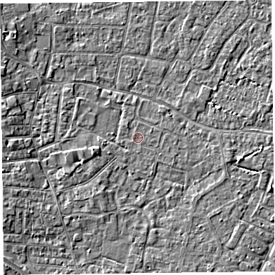 Shaded relief map of the ground around TA81HJ, computed from Environment Agency LiDAR. The ground here sits at about 5 m above sea level and falls 4 m across the surrounding 800 m. Surface water reaching this point runs off ground lying to the west-south-west, 2.6 m higher.