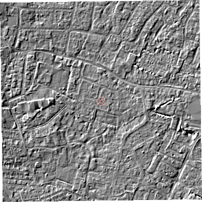 Shaded relief map of the ground around TA81HL, computed from Environment Agency LiDAR. The ground here sits at about 6 m above sea level and falls 3 m across the surrounding 800 m. Surface water reaching this point runs off ground lying to the west, 2.6 m higher.