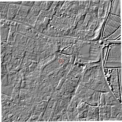 Shaded relief map of the ground around TA81HN, computed from Environment Agency LiDAR. The ground here sits at about 6 m above sea level and falls 5 m across the surrounding 800 m. Surface water reaching this point runs off ground lying to the south-west, 0.5 m higher.
