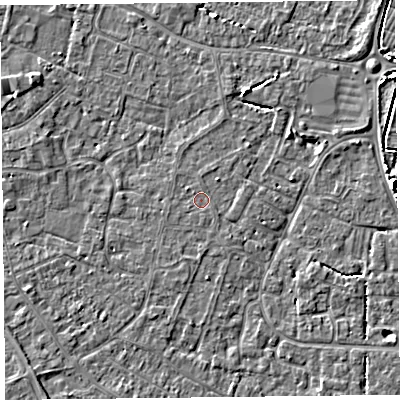 Shaded relief map of the ground around TA81HP, computed from Environment Agency LiDAR. The ground here sits at about 6 m above sea level and falls 5 m across the surrounding 800 m. The ground contributing surface water to this point lies to the south-west.
