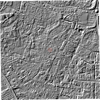 Shaded relief map of the ground around TA81HR, computed from Environment Agency LiDAR. The ground here sits at about 6 m above sea level and falls 3 m across the surrounding 800 m. The ground contributing surface water to this point lies to the south-south-east.