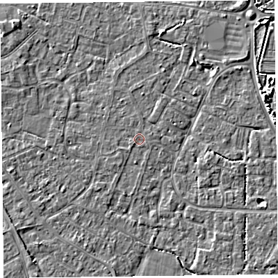 Shaded relief map of the ground around TA81HS, computed from Environment Agency LiDAR. The ground here sits at about 6 m above sea level and falls 5 m across the surrounding 800 m. The ground contributing surface water to this point lies to the west.