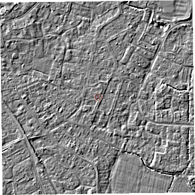 Shaded relief map of the ground around TA81HU, computed from Environment Agency LiDAR. The ground here sits at about 6 m above sea level and falls 3 m across the surrounding 800 m. Surface water reaching this point runs off ground lying to the south-west, 0.7 m higher.
