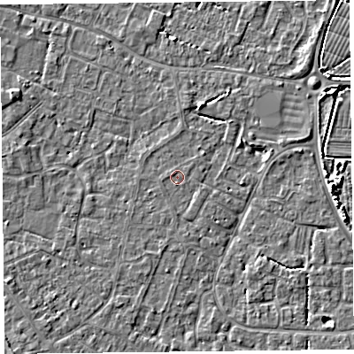 Shaded relief map of the ground around TA81HW, computed from Environment Agency LiDAR. The ground here sits at about 6 m above sea level and falls 5 m across the surrounding 800 m. Surface water reaching this point runs off ground lying to the south, 0.6 m higher.