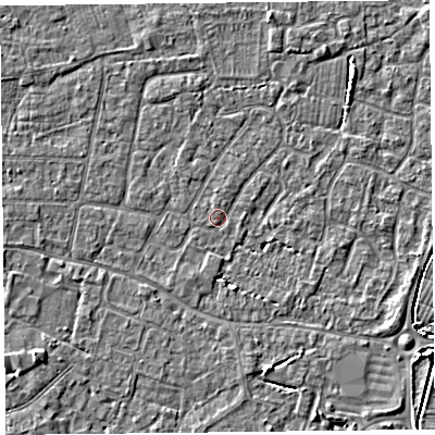 Shaded relief map of the ground around TA81HY, computed from Environment Agency LiDAR. The ground here sits at about 6 m above sea level and falls 5 m across the surrounding 800 m. Surface water reaching this point runs off ground lying to the north-north-east, 2.3 m higher.