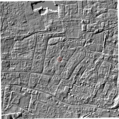 Shaded relief map of the ground around TA81JB, computed from Environment Agency LiDAR. The ground here sits at about 6 m above sea level and falls 3 m across the surrounding 800 m. Surface water reaching this point runs off ground lying to the north, 1.0 m higher.