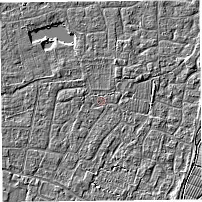 Shaded relief map of the ground around TA81JD, computed from Environment Agency LiDAR. The ground here sits at about 5 m above sea level and falls 3 m across the surrounding 800 m. Surface water reaching this point runs off ground lying to the north-north-east, 2.5 m higher.