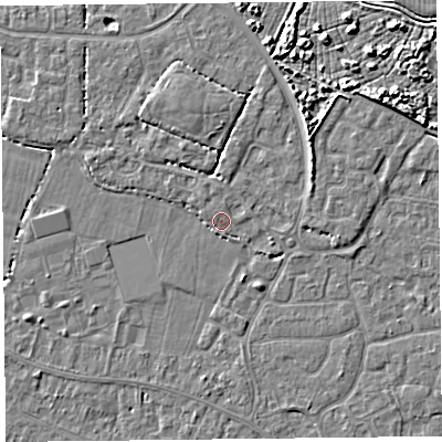 Shaded relief map of the ground around TA81JG, computed from Environment Agency LiDAR. The ground here sits at about 6 m above sea level and falls 5 m across the surrounding 800 m. Surface water reaching this point runs off ground lying to the north-north-west, 2.5 m higher.