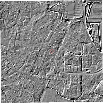 Shaded relief map of the ground around TA81JH, computed from Environment Agency LiDAR. The ground here sits at about 6 m above sea level and falls 5 m across the surrounding 800 m. Surface water reaching this point runs off ground lying to the north-north-west, 1.0 m higher.