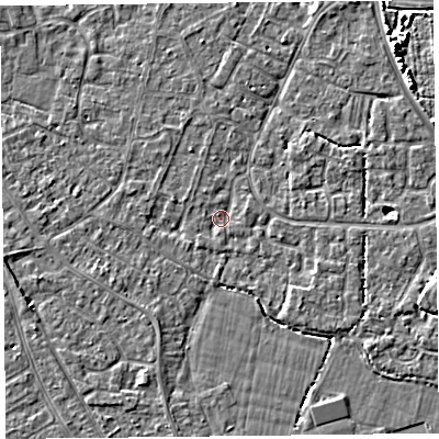 Shaded relief map of the ground around TA81JL, computed from Environment Agency LiDAR. The ground here sits at about 5 m above sea level and falls 5 m across the surrounding 800 m. Surface water reaching this point runs off ground lying to the east-north-east, 2.4 m higher.