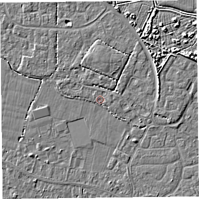 Shaded relief map of the ground around TA81JR, computed from Environment Agency LiDAR. The ground here sits at about 6 m above sea level and falls 5 m across the surrounding 800 m. Surface water reaching this point runs off ground lying to the north, 2.3 m higher.