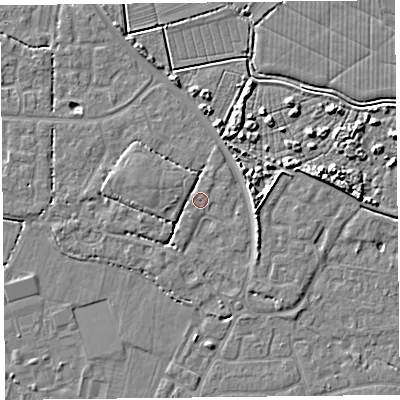 Shaded relief map of the ground around TA81JT, computed from Environment Agency LiDAR. The ground here sits at about 6 m above sea level and falls 5 m across the surrounding 800 m. The ground contributing surface water to this point lies to the north-east.