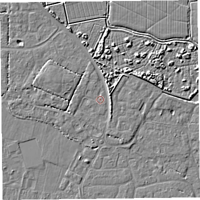 Shaded relief map of the ground around TA81JU, computed from Environment Agency LiDAR. The ground here sits at about 6 m above sea level and falls 5 m across the surrounding 800 m. Surface water reaching this point runs off ground lying to the north-north-east, 0.7 m higher.