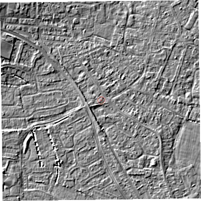 Shaded relief map of the ground around TA81LB, computed from Environment Agency LiDAR. The ground here sits at about 6 m above sea level and falls 4 m across the surrounding 800 m. Surface water reaching this point runs off ground lying to the south-south-east, 0.6 m higher.