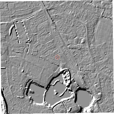 Shaded relief map of the ground around TA81LD, computed from Environment Agency LiDAR. The ground here sits at about 6 m above sea level and falls 7 m across the surrounding 800 m. Surface water reaching this point runs off ground lying to the south-south-east, 2.2 m higher.