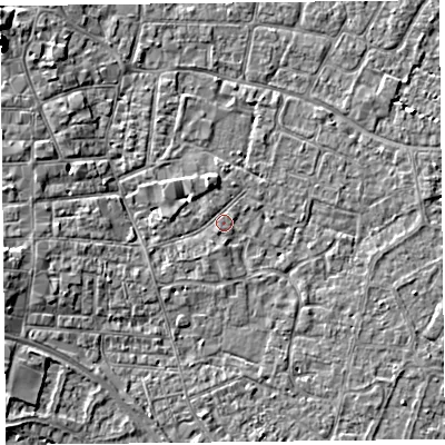 Shaded relief map of the ground around TA81LE, computed from Environment Agency LiDAR. The ground here sits at about 6 m above sea level and falls 8 m across the surrounding 800 m. Surface water reaching this point runs off ground lying to the west, 3.9 m higher.