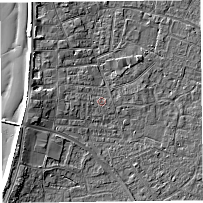 Shaded relief map of the ground around TA81LF, computed from Environment Agency LiDAR. The ground here sits at about 7 m above sea level and falls 8 m across the surrounding 800 m. Surface water reaching this point runs off ground lying to the west, 1.8 m higher.