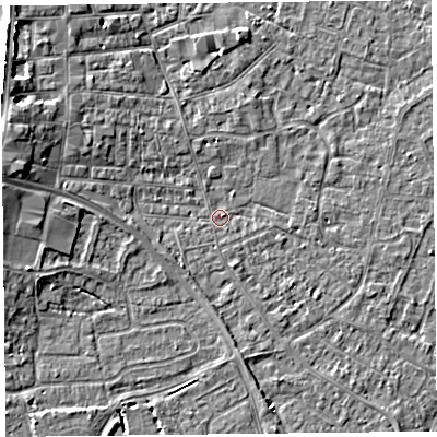 Shaded relief map of the ground around TA81LG, computed from Environment Agency LiDAR. The ground here sits at about 6 m above sea level and falls 6 m across the surrounding 800 m. Surface water reaching this point runs off ground lying to the west-north-west, 4.8 m higher.