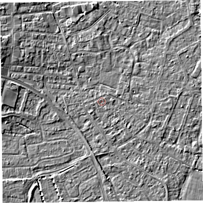 Shaded relief map of the ground around TA81LH, computed from Environment Agency LiDAR. The ground here sits at about 6 m above sea level and falls 5 m across the surrounding 800 m. The ground contributing surface water to this point lies to the north-east.
