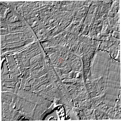 Shaded relief map of the ground around TA81LP, computed from Environment Agency LiDAR. The ground here sits at about 6 m above sea level and falls 6 m across the surrounding 800 m. Surface water reaching this point runs off ground lying to the west-north-west, 2.0 m higher.