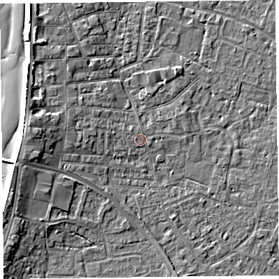 Shaded relief map of the ground around TA81LQ, computed from Environment Agency LiDAR. The ground here sits at about 6 m above sea level and falls 7 m across the surrounding 800 m. Surface water reaching this point runs off ground lying to the north-west, 0.8 m higher.