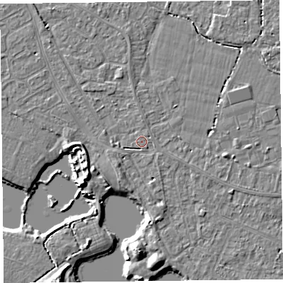 Shaded relief map of the ground around TA81LT, computed from Environment Agency LiDAR. The ground here sits at about 6 m above sea level and falls 6 m across the surrounding 800 m. Surface water reaching this point runs off ground lying to the south-south-west, 2.1 m higher.