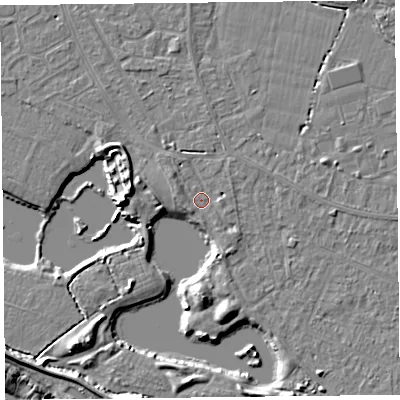 Shaded relief map of the ground around TA81LU, computed from Environment Agency LiDAR. The ground here sits at about 5 m above sea level and falls 11 m across the surrounding 800 m. Surface water reaching this point runs off ground lying to the west-north-west, 2.1 m higher.