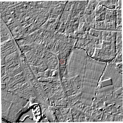 Shaded relief map of the ground around TA81LW, computed from Environment Agency LiDAR. The ground here sits at about 6 m above sea level and falls 6 m across the surrounding 800 m. Surface water reaching this point runs off ground lying to the west, 0.8 m higher.