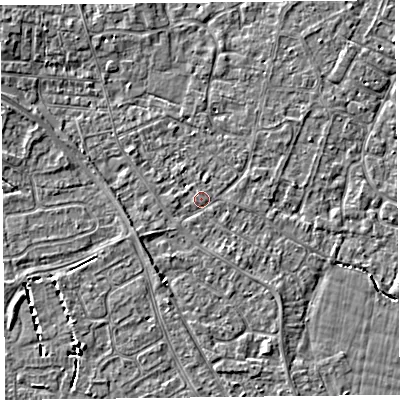 Shaded relief map of the ground around TA81LX, computed from Environment Agency LiDAR. The ground here sits at about 6 m above sea level and falls 4 m across the surrounding 800 m. Surface water reaching this point runs off ground lying to the west, 0.9 m higher.